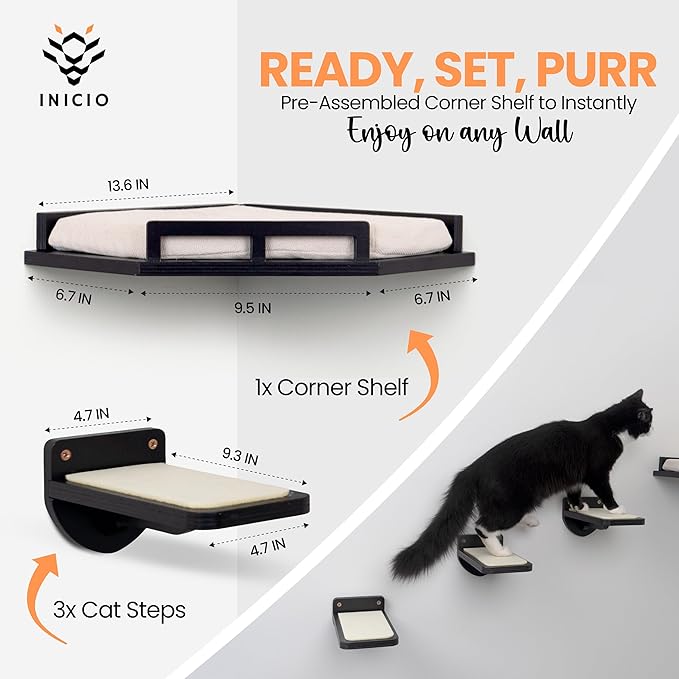 Cat Wall Shelves - Cat Shelves for Wall, Cat Shelf w/Cat Wall Steps, Cat Wall Furniture Black - Corner Cat Shelf, Cat Shelves with Cat Wall Bed