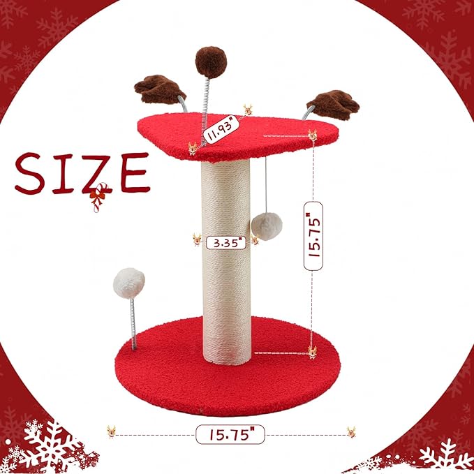 EMUST Christmas Cat Scratching Post for Indoor Cats, Natural Sisal Christmas Tree Scratching Post with Plush Hang Spring Ball Toys, Cute Small Kitten Scratching Post with Bed, Reindeer