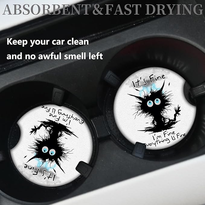 2 Pack Car Cup Holders,Universal Auto Anti Slip Insert Coaster, Rubber Car Coasters with A Finger Notch, Cute Car Assecories for Women Men (I'm Fine Cat)