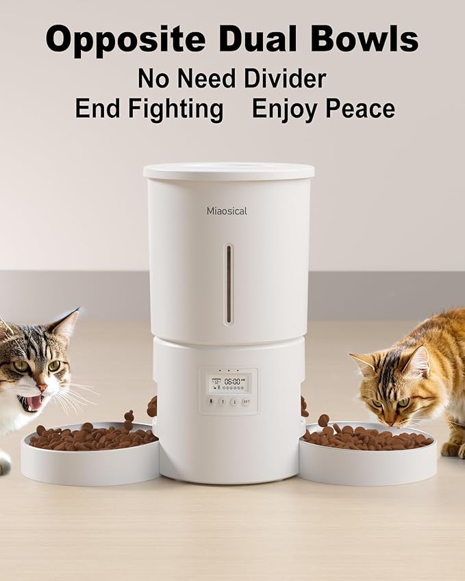 Automatic Cat Feeder for 2 Cats,4.2L Flexible Schedule,6 Meals/Day,1-12 Portions/Meal,Dual Power Auto Dual Pets Feeder Dry Food Dispenser,10S Voice Record(White,4.2L+Stainless Steel 2 Bowls)