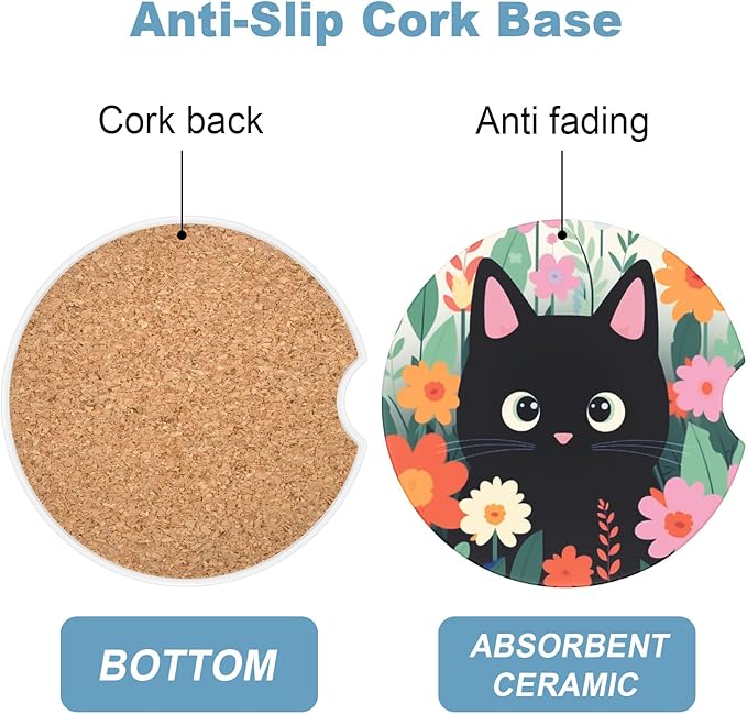 2 Pack Car Cup Holder Coaster, 2.63 inch Anti Slip Insert Absorbent Ceramic Car Coaster with Cork Base and Finger Notch, Cute Car Accessories Interior for Women, Cute Car Coasters., CH0025