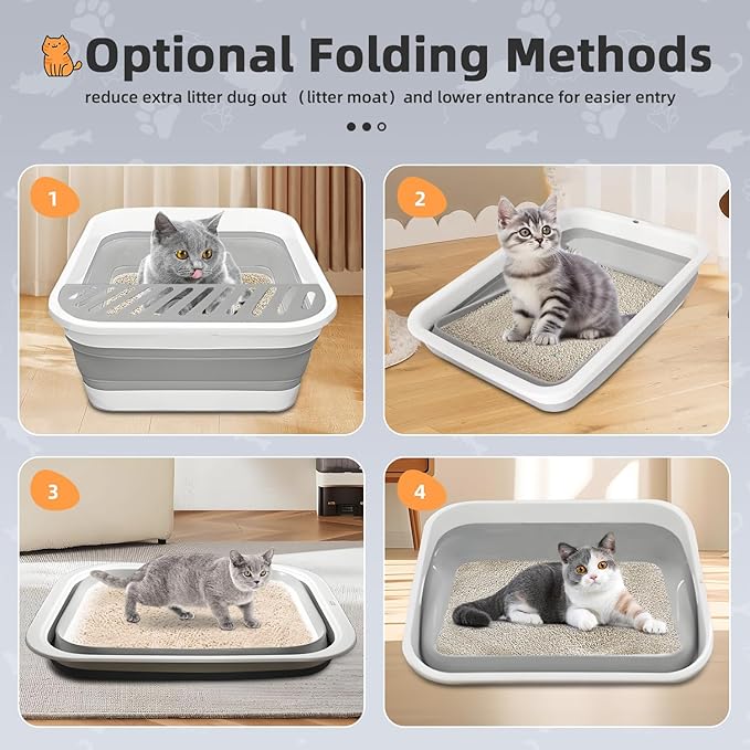 2Pcs Cat Litter Box, Collapsible Kitten Litter Box with Scoop, Open Potty Pan Cat Toilet Portable Cats Litter Box Travel Litter Easy to Clean and Assemble