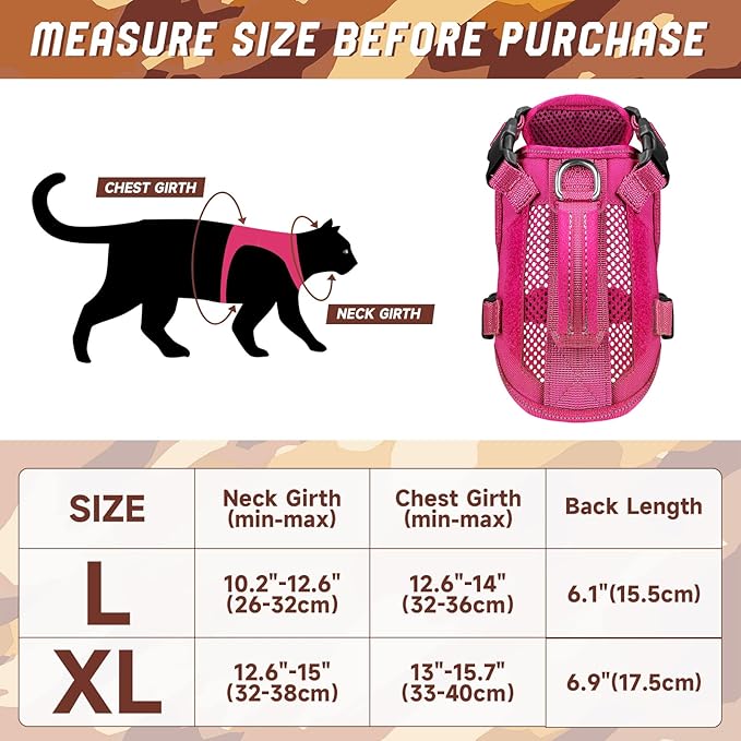 Tactical Cat Harness Leash, Air Mesh Cat Walking Vest Harness Escape Proof, Reflective Large Cat Harnesses with Handle for Adult Fat Cats (Pink, XL)