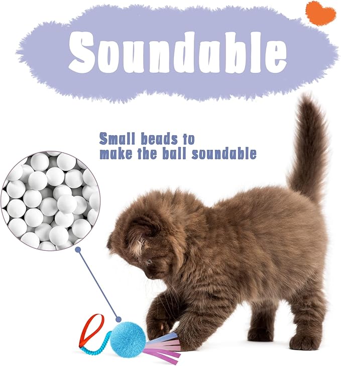 4Pcs Cat Crinkle Interactive Toys Colorful Furry Balls Sounable with Ribbon and Elastic Coil Spiral Springs Chasing Toys for Indoor Feline Kitten Door Hanging Cats Teaser Toys