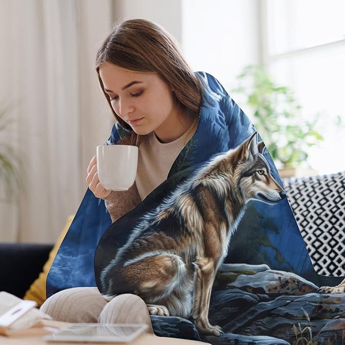 Bald Eagle Wolf Throw Blanket Wild Animal Mountain Moon Night Wolves Print Blankets Gifts Couch Sofa Bed Stuff Decor Soft Cozy Lightweight Fleece Plush Flannel Bedding for Lover Men Women 50"x60"