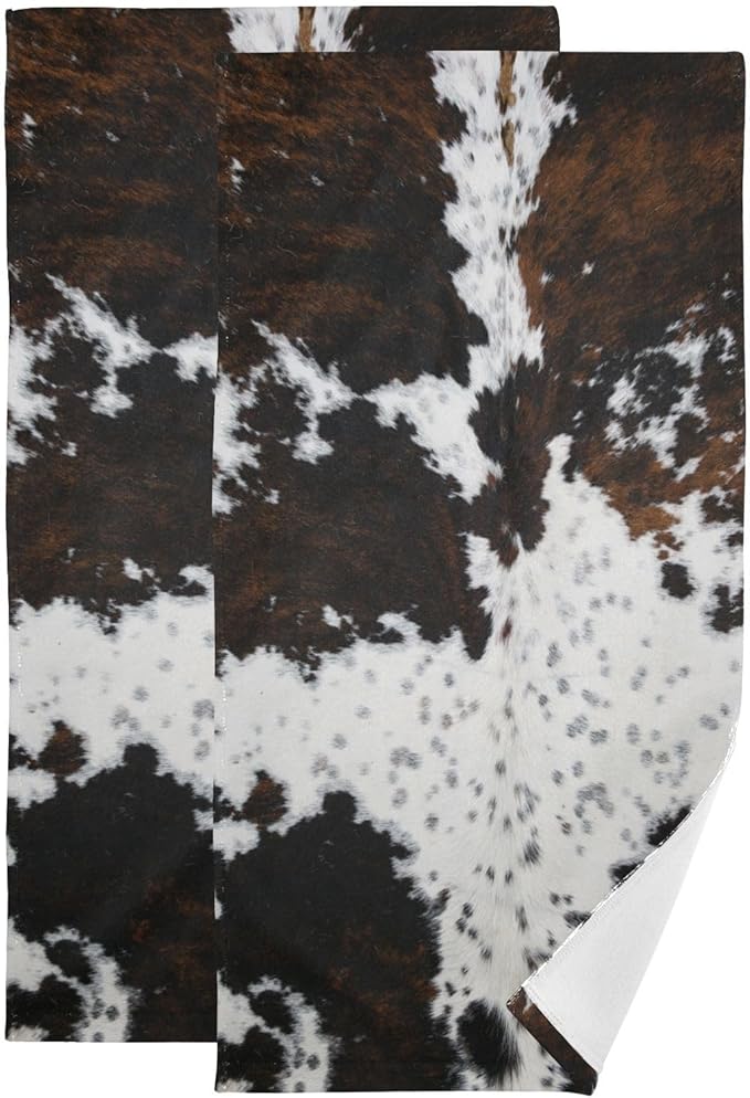 2 Pack Cow Fur Hand Towels for Bathroom,Soft Absorbent White Black Brown Cow Print Country Farmhouse Bath Hand Towels for Kitchen,Decorative Guest Bathroom Towels for Face,Shower,Gym 14"x28"