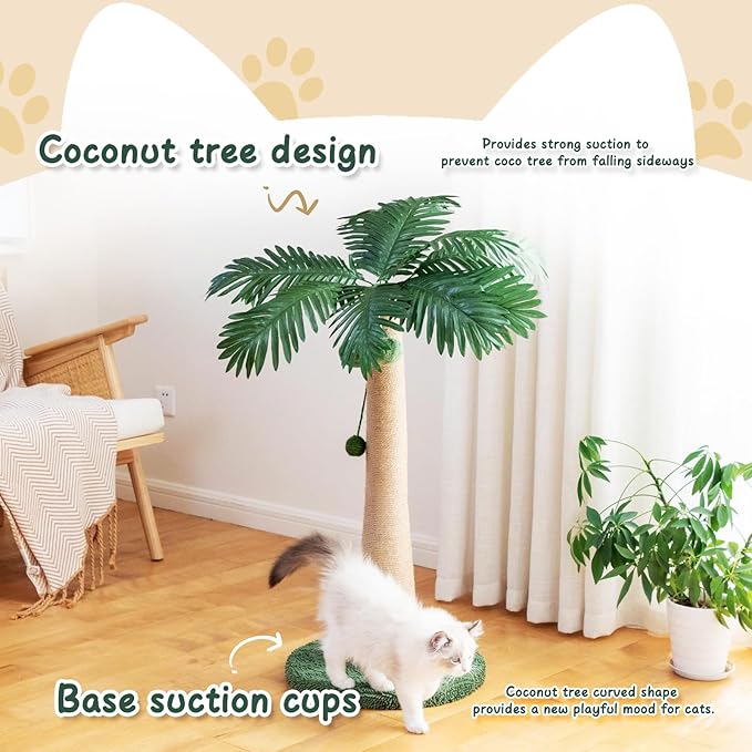 43 Inches Cat Scratching Post, Large Cat Scratching Post, Sisal Scratcher with 3 Hanging Pompoms for Indoor Cats (Tall Round Base)
