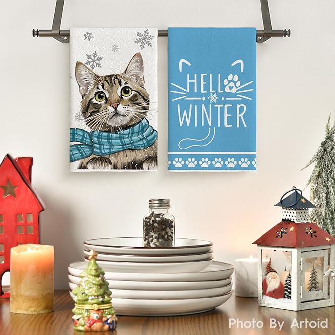 Artoid Mode Blue Cat Hello Winter Kitchen Towels Dish Towels, 18x26 Inch Print Snowflakes Christmas Decoration Hand Towels Set of 2