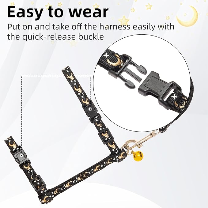 PUPTECK Adjustable Cat Harness and Leash Set Escape Proof Kitten Strap Collar for Walking Travel, Moon&Star