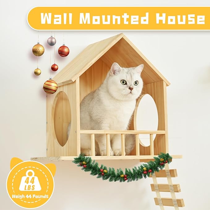 Cat Wall Shelves 5 pc, Wall Mounted Cat Climbing Shelves, Cat Wall Furniture with 1 Cat Condo Houses,2 Cat Perches, 1 Bridge Ladder and 1 Scratching Post