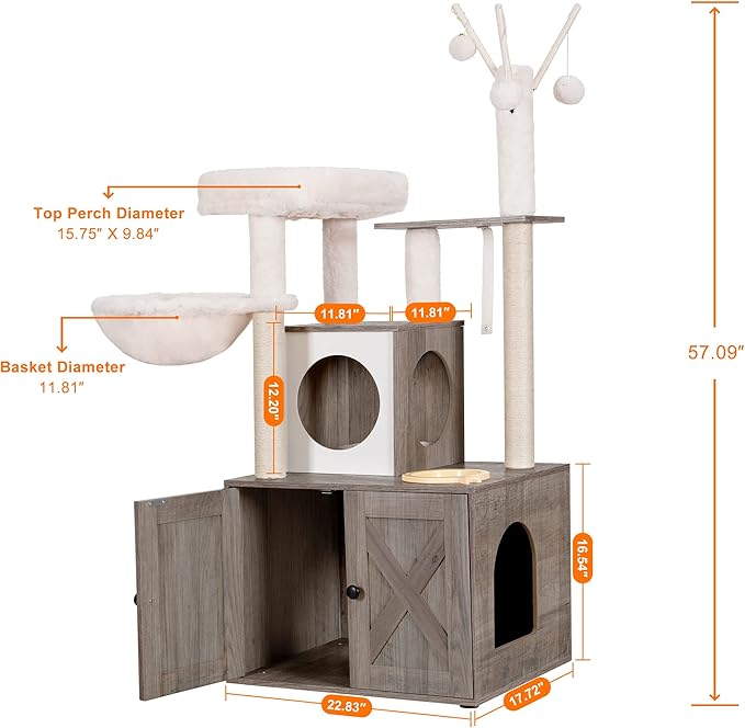 Heybly Cat Tree, Wood Litter Box Enclosure with Food Station, All-in-one Indoor Cat Furniture with Large Platform and Condo, Modern Style Cat Tower, Hammock, Rustic Brown HCT102SG