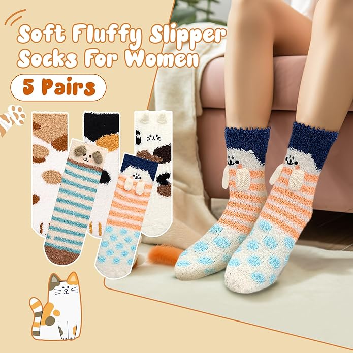 3-6 Pairs Womens Fuzzy Socks Cozy Fluffy Slipper Socks Cute Soft Cat Animal Winter Warm Sleep Socks Gifts