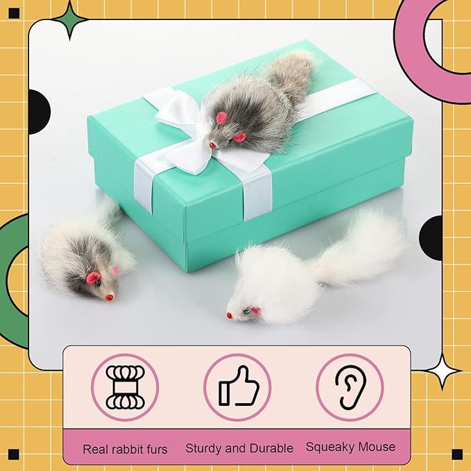 60 Pcs Furry Mice Interactive Catch Play Rabbit Fur Mouse Cat Toy Rattle Sound Rat Plush for PET Cats and Kittens, 3 Colors