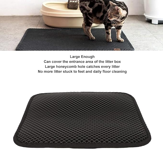 ASHATA Cat Litter Mat, Double Layer Design Urine Proof Trapper Mat for Litter Boxes, Double Layer EVA Litter Trapping Mat for Kitten, Easy to Clean Scatter Control (Black)