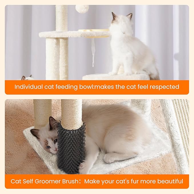 Heybly Cat Tree with Cat Self Groomer Brush, Cat Tower Condo for Indoor Cats with Padded Plush Perch,Cat House with Basket Scratching Board Post, Beige HCT005SM