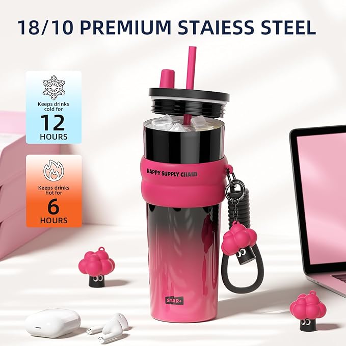 24 OZ Insulated Leak Proof Tumbler with Lid and Straw, Stainless Steel Coffee Travel Mug for Hot and Cold, Reusable Portable Water Bottle, Metal Thermal Cup Gift for Women, Black and Pink