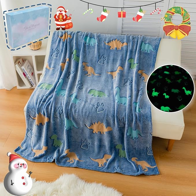 2025 Best Gift Dinosaur Blanket Glow in The Dark Blanket with Storage Bag, Soft Throw Blanket for Boys Girls, Christmas Birthday New Year Gift, Kids Blanket, Day Care Home Use, 50"x60" Blue