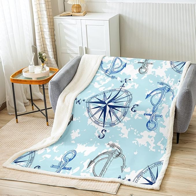 Anchor Decor Sherpa Blanket Nautical Compass Blanket for Bed Couch Travel Sofa Ocean Marine Themed Fleece Throw Blanket Kids Adults Soft and Cozy Sea Adventure Plush Fuzzy BlanketTwin 60"x80"