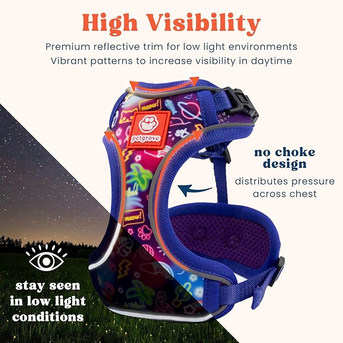 Cat Harness and Leash Set for Walking, Escape Proof Vest Harnesses for Cats, Breathable Mesh with Reflective Strips - (Neon Nights), Small