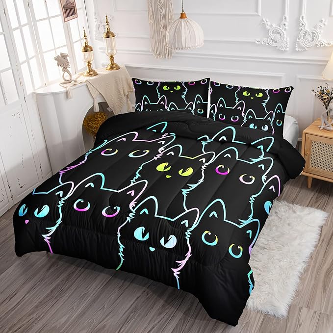 Axolotl Kids Bedding Cartoon Cat Comforter Set Twin Size,Gradient Line Cute Cat Bedding Set for Teens Boys Girls Adults Room Decor,Kids Comforter Set All Season,1 Comforter 2 Pillow Cases,Black