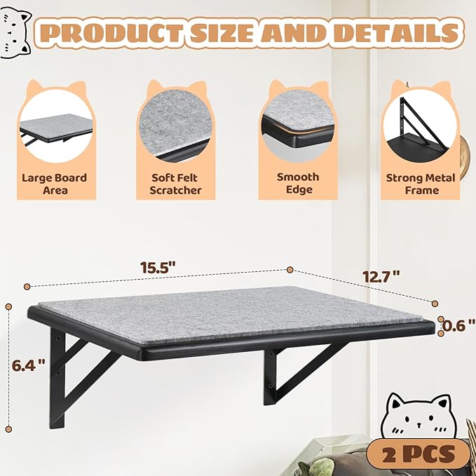 Cat Wall Shelves Set of 2, Wood Cat Shelves for Wall, Cat Wall Bed Hammock with Scratching Pad, Cat Climbing Shelf for Sleeping Playing, Cat Window Perch for Large Cats, Black Cat Furniture for Indoor