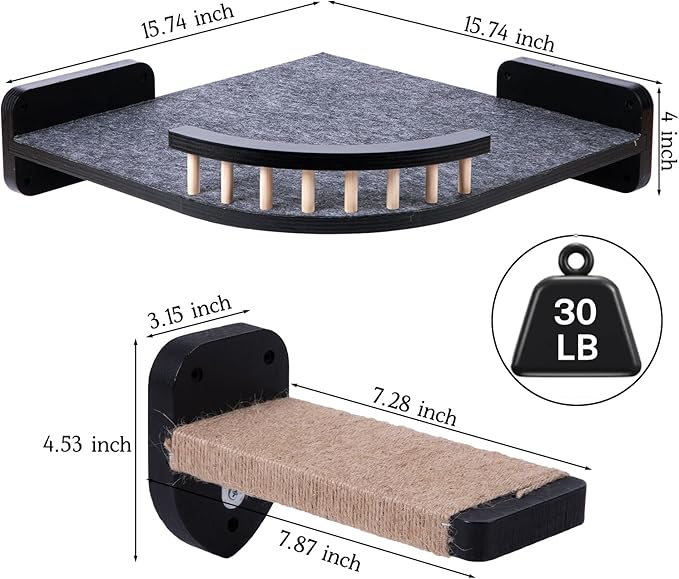 Cat Wall Shelves, Corner Cat Shelf with 3 Cat Wall Steps, Cat Shelves for Wall Large Cats Set, Cat Wall Bed with Plush Covered, Wall Mounted Cat Climbing Shelf for Indoor Cats (Black)