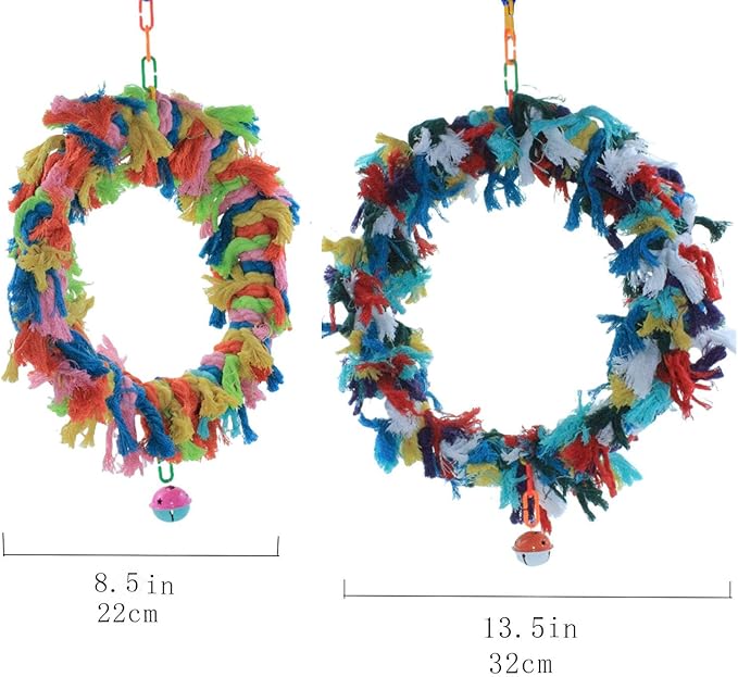 2Pcs Bird Swing，Bird Swing Toy，Bird Colorful Cotton Rope Hanging Ring Parrot Preening Grooming Chew Climb Biting Toy ，Large Bird Toys