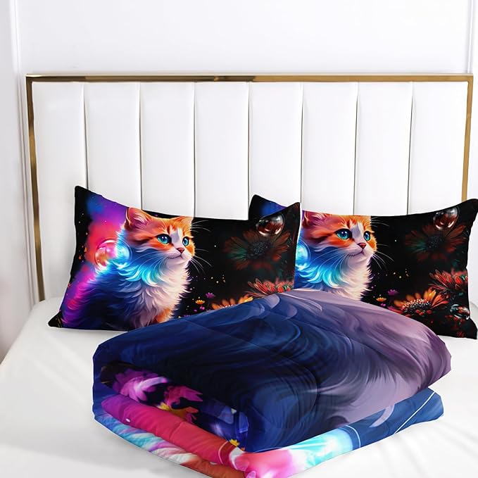 AILONEN Girls Cat Comforter Set Twin Size, Cute Orange Cat Kawaii Bedding Set for Kids Boys,Botanical Floral Daisy Duvet Set 3 Pieces, 1 Quilt and 2 Pillowcases