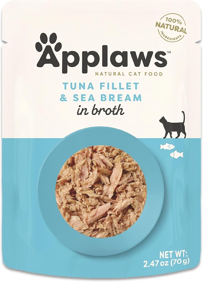 Applaws Natural Wet Cat Food in Broth, Limited Ingredient Wet Cat Food Pouches, No Additives, Made with Natural Ingredients, Tuna Seabream in Broth (12 x 2.47oz Pouches)