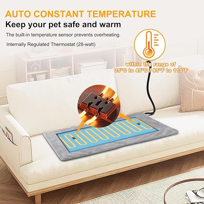 Texsens Pet Heating Pad for Cats and Dogs - Heated Cat Bed with Chew Resistant Cord and Removable Soft Cover - 23.6 x 11.8 Inches - 28 Watts - Fits Outdoor Cat House