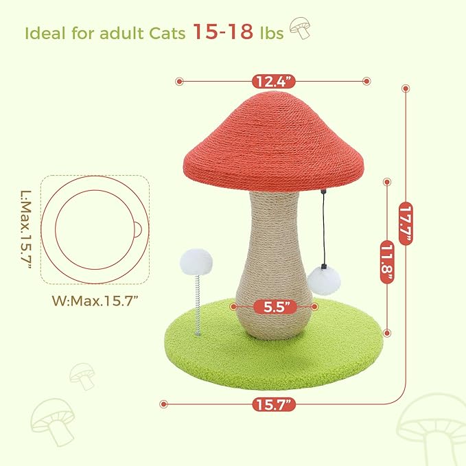 PETEPELA Mushroom Cat Scratching Post, Cat Scratcher Cute with 100% Sisal Covered Scratching Post & Pompoms Cat Toy, Mushroom Cat Post for Indoor Cats
