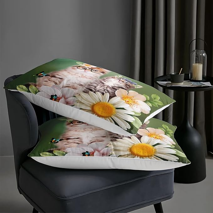 AILONEN Cats Bedding Set Queen Size with Wearing Black Glasses Fluffy Cat Print Comforter Set for Kids Girls, Daisy Flowers Butterfly Soft Breathable Duvet Set 3 Pieces, 1 Quilt and 2 Pillowcases