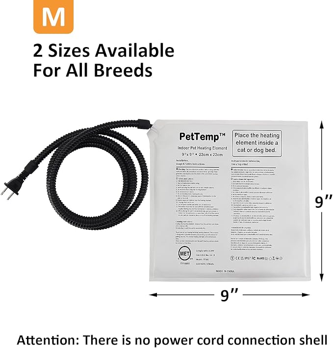 Pet Bed Warmer, Compact Heating Pad Insert for Cat Dog Beds, Turn Any Pet Bed Into a Heated Pet Bed, Waterproof Heated Bed Mat with Chew-Resistant Cord, Safe and Warm (M:9'' x 9'')