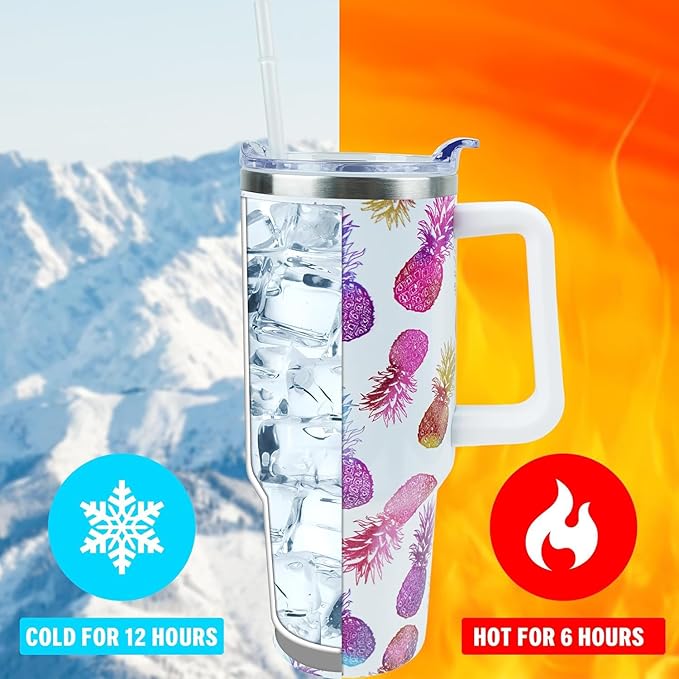 40 oz Tumbler with Handle and Straw, Stainless Steel Insulated Cup with Leak Proof Lid and Straw Lid, Keep Drinks Cold and Hot for Hours(Pineapple)