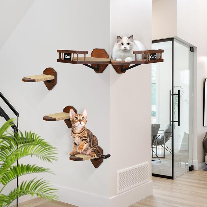 Cat Wall Furniture Wall Mounted, 2PCS Cat Shelves and Cat Perches for Wall with 3 Cat Wall Steps and Scratching Pad, Cat Wall Shelves Fit Cat Up to 15Lbs, Wood Cat Hammock Wall Mount (Brown)