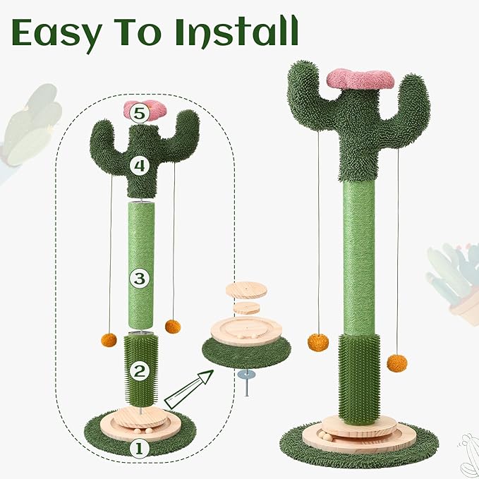 37.8" Tall Cat Scratching Post, Cactus Flower Cat Scratch Post with Natural Sisal Rope, Ball Track and Self Groomer Brush, Cute Cat Scratching Posts for Indoor Cats Adults and Kitten