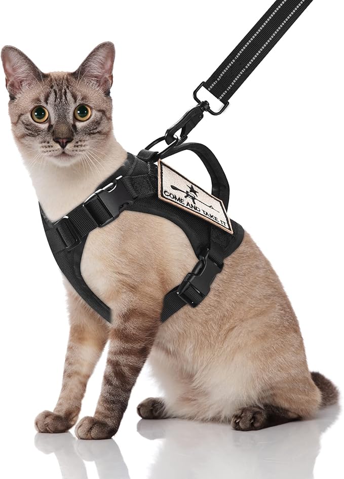 Tactical Cat Harness and Leash, Escape Proof Large Cat Walking Vest,Adjustable Soft Mesh Pet Vest Harness with Control Handle, Molle Patches Black