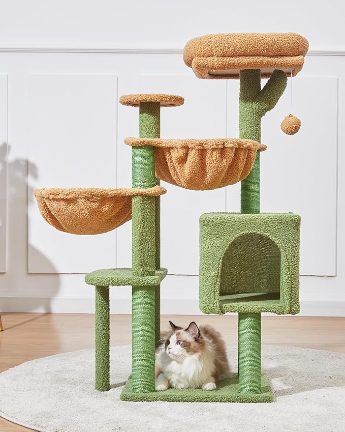 Taoqimiao Cat Tree, 39.4-Inch Cat Tower for Indoor Cats,Suitable for Kittens,Plush Cat Condo with 5 Scratching Posts, Plush Perch,2 Hammock,Pompoms, MS019T Cactus
