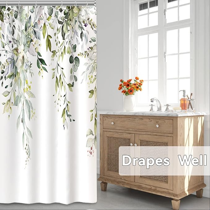 AWERT Small Stall Shower Curtain with Hooks Watercolor Plants Green Leaves 48x72 inch Half Size Shower Curtain for Bathroom/RV and Camper