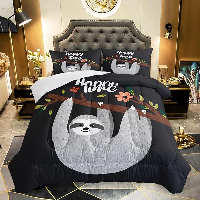 AILONEN Sloth Comforter Set Queen Size, Cartoon Sloth Bedding Set for Kids Girls Boys,Sloth Pattern Printed Duvet,Ultra Soft Sloth Quilt Set,1 Comforter 2 Pillowcases 3 Piece