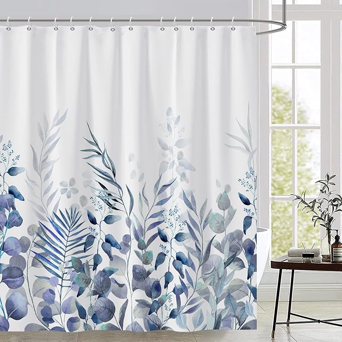 AWERT Shower Curtain Plants for Bathroom,Waterproof Quick-Drying Blue Leaves Shower Curtain Set with Hooks 72x72 Inch