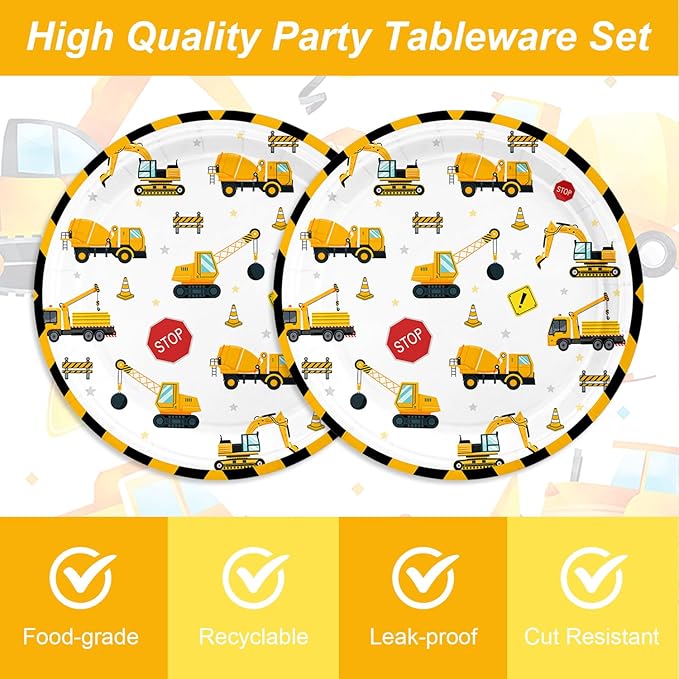 48Pcs Construction Birthday Party Supplies Excavator Trucks Theme Tableware Set Plates Napkins Forks Serves 16 Guests Construct Vehicle Baby Shower Birthday Party Decorations