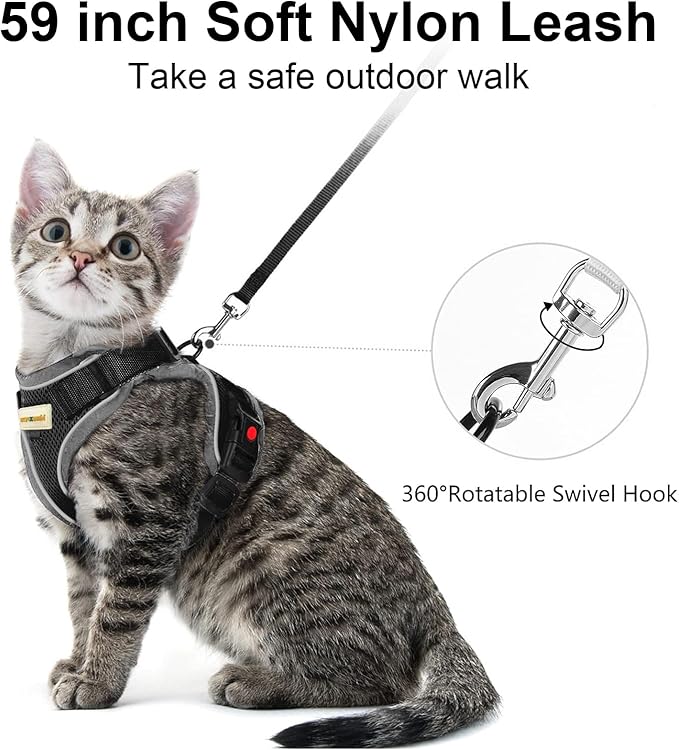 Cat Harness and Leash for Walking, Retractable Cat Harnesses and Leash Set Escape Proof, Breathable Soft Kitten Harness Small Large Cat Harness for Travel Training and Walking, Black, M