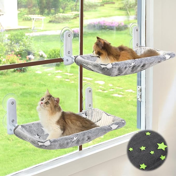 2PC Cat Window Perch, Glow in The Dark Cordless Foldable Cat Hammock Bed for Window with Sturdy Metal Frame, Stars Pattern Window Resting Seat for Indoor Cats (Stars Cat Bed, M-2PC)