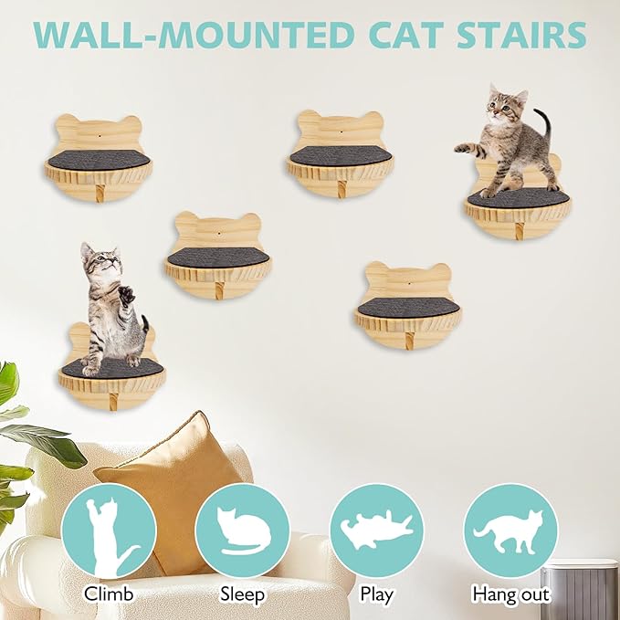 kathson 6 Pcs Cat Shelves for Wall Cat Wall Mounted Shelves Cat Wall Steps Wood Cat Climbing Shelves Cat Stairs with Non Slip Felt Cat Ladder Cat Wall Furniture for Springboard Playing (Bear Shape)