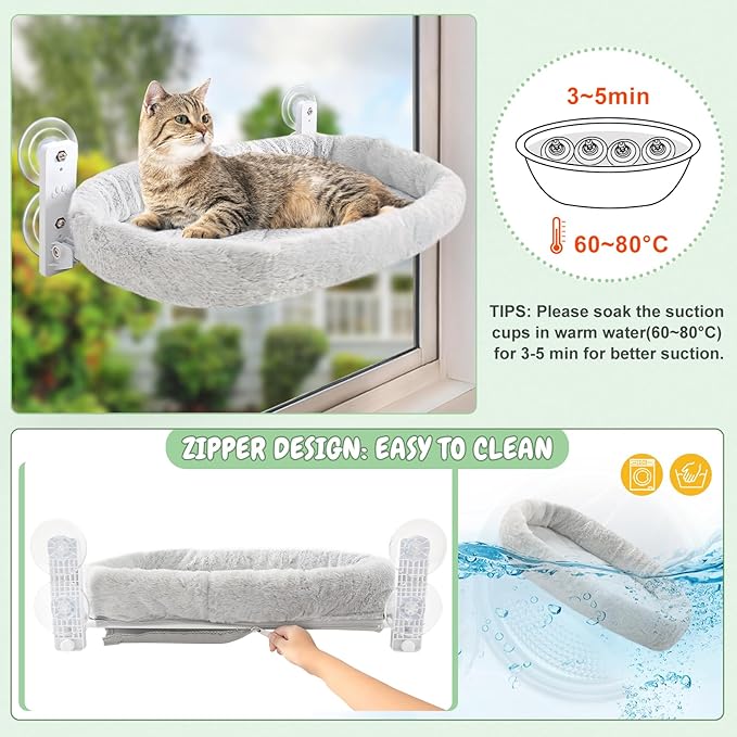 Sunhoo Cat Hammock Perch for Window Seat Bed Indoor Cats Lounger Window Sill Ledge Foldable Kitten Shelf Cordless No Drilling Washable Plush Cushion Heavy Duty Metal Frame 21 * 11.8 in Easy Assembly