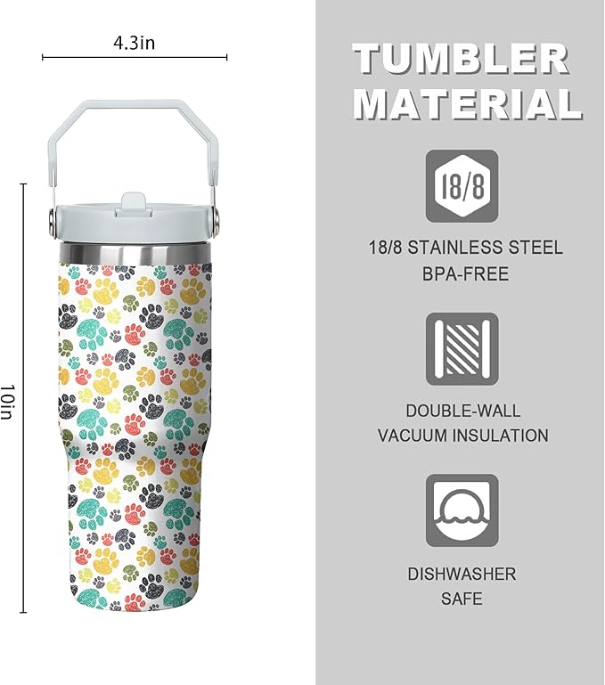 30 Oz Paw Print Tumbler with Handle and Straw, Insulated Paw Print Coffee Mug, Double Wall Stainless Steel Cat Paw Cup, Cat Mom Mug or Cat Dad Mug, 30 Oz Leak Proof Cat Paw Mug for Women Gifts