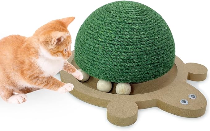 Fhiny Cats Scratching Ball, Natural Sisal Scratching Toy with Roller Track Toys and Wooden Base Kitten Turtle Shape Scratch Post for Indoor Cats Interactive Training Exercise Scratcher for Small Pets