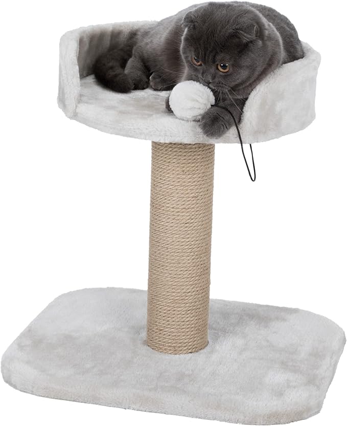 TRIXIE Mica Cat Scratching Post 18.1 Inch - Cat Scratcher with Soft Fabric Covering Base and Durable Sisal Rope - with Padded Platform & Dangling Cat Toy - in Greige