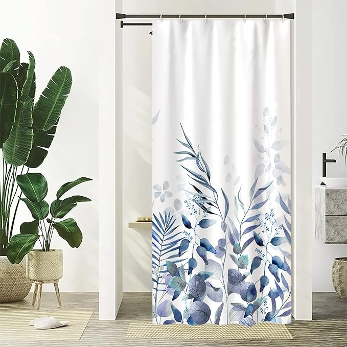 AWERT Shower Curtain Plants for Bathroom,Waterproof Quick-Drying Blue Leaves Shower Curtain Set with Hooks 48x72 Inch
